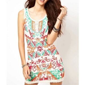 Free People Embroidered Sleeveless Aztec Shift Dress Bird Tribal Linen Blend 0